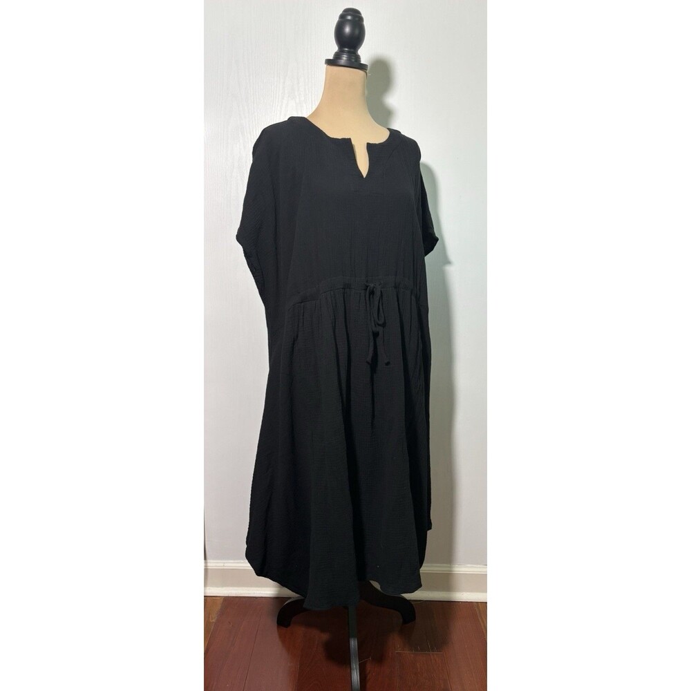 LISA BAYNE Muslin Dress Womens M/L Black Drawstring Waist Lagenlook Kaftan Gauze